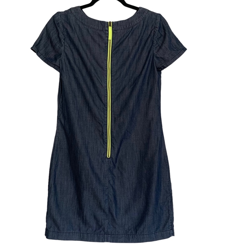 Boden Chambray Denim Contrast Neon Zip Short Sleeve Shift Dress Size 6